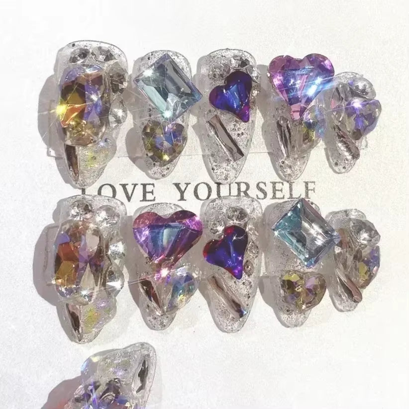 Luxury 24Pcs Butterfly Flower Press-On Nails with Rhinestones - Removable Full Cover Acrylic Fake Nails with Glue