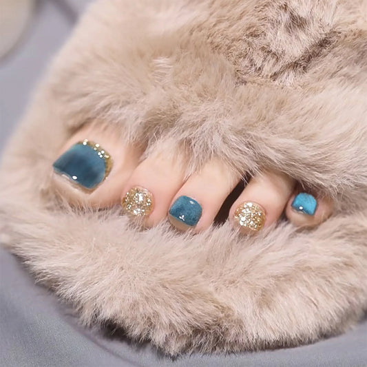 Glamorous Glitter Cat Eyes Press-On Toenails with Rhinestone Design - Perfect for Summer!