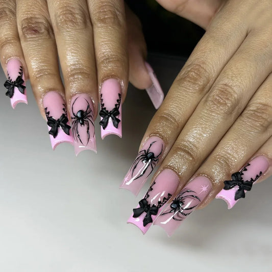 Glamorous 24Pcs Halloween Press-On Nails - Long Ballet Coffin Design with Pearls & French Square Style