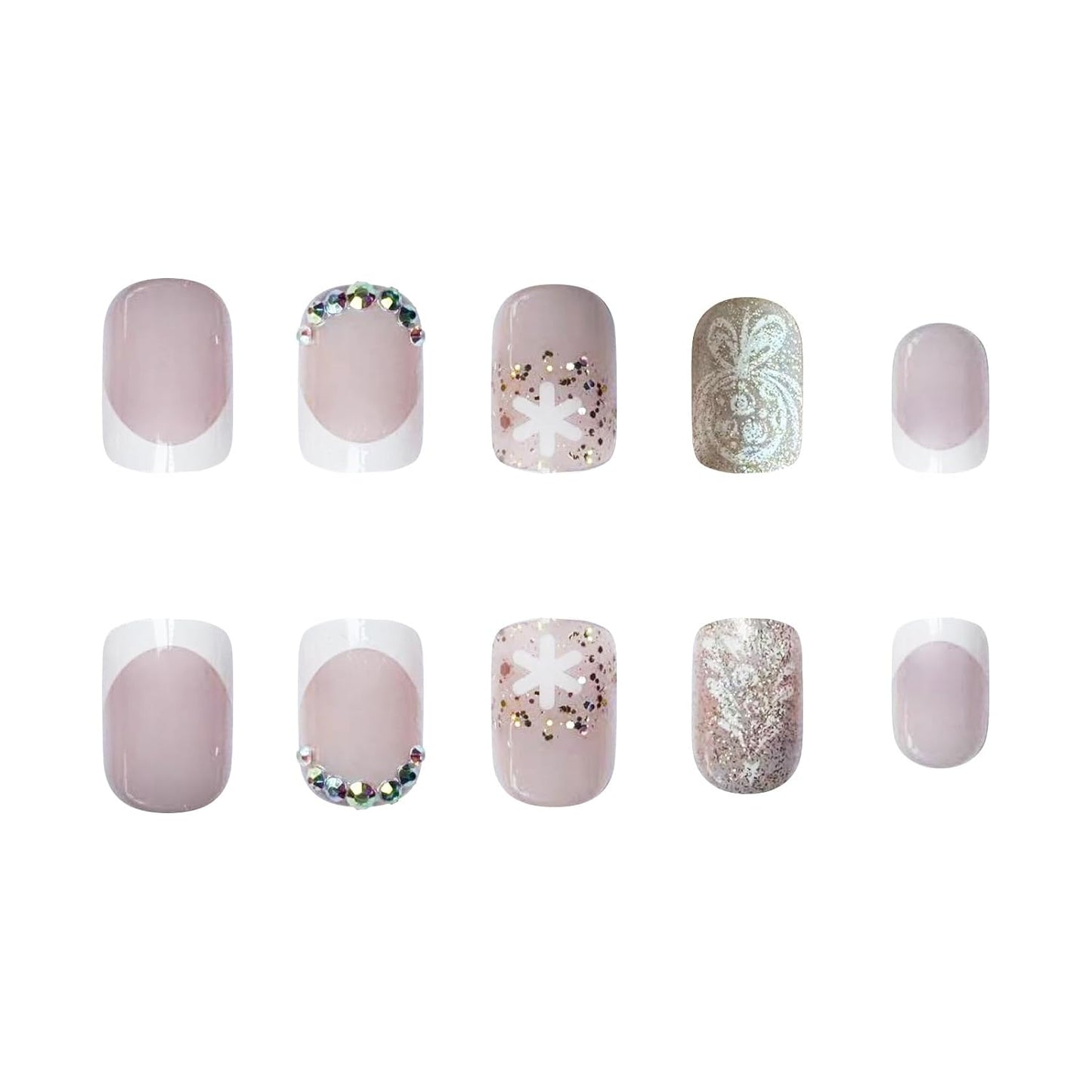 Festive Snowflake 3D Rhinestone Press-On Nails - Short Square Acrylic Christmas Nails with Glitter Sequins & White French Tips - 24 Pcs Full Cover Set for Women