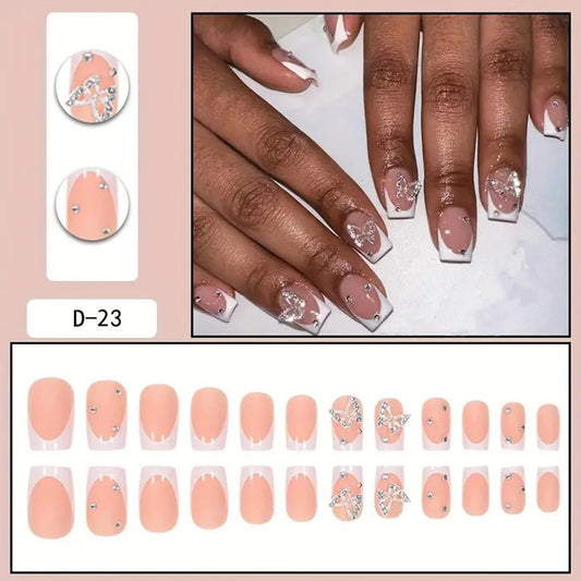 Charming Short Press-On Butterfly French Acrylic Nails - 24 Pcs Cute Square Stick-On Manicure for Women