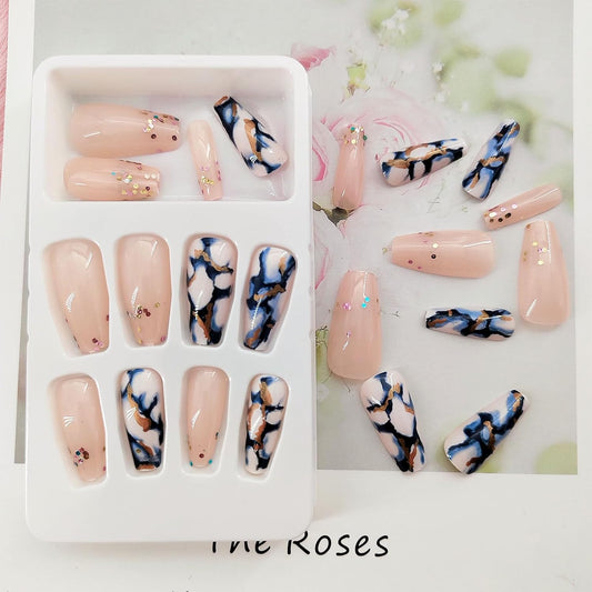 Glamorous Blue Marble & Sequin Medium Length Press-On Nails - 24 Pcs Glossy Acrylic Full Cover for Effortless Style