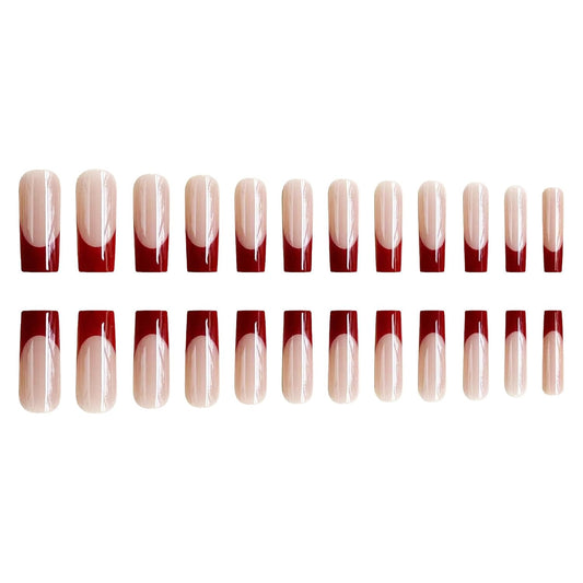 Gothic Glam: 24 Pcs Long Square Red French Tip Press-On Nails - Glossy Squoval Acrylics