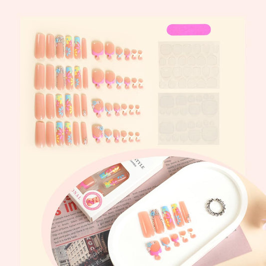 Gorgeous Pink Flower French Press-On Nails & Toenails Set - Full Cover Acrylic Nail Art Kit with Glue for Stunning Manicures and Pedicures