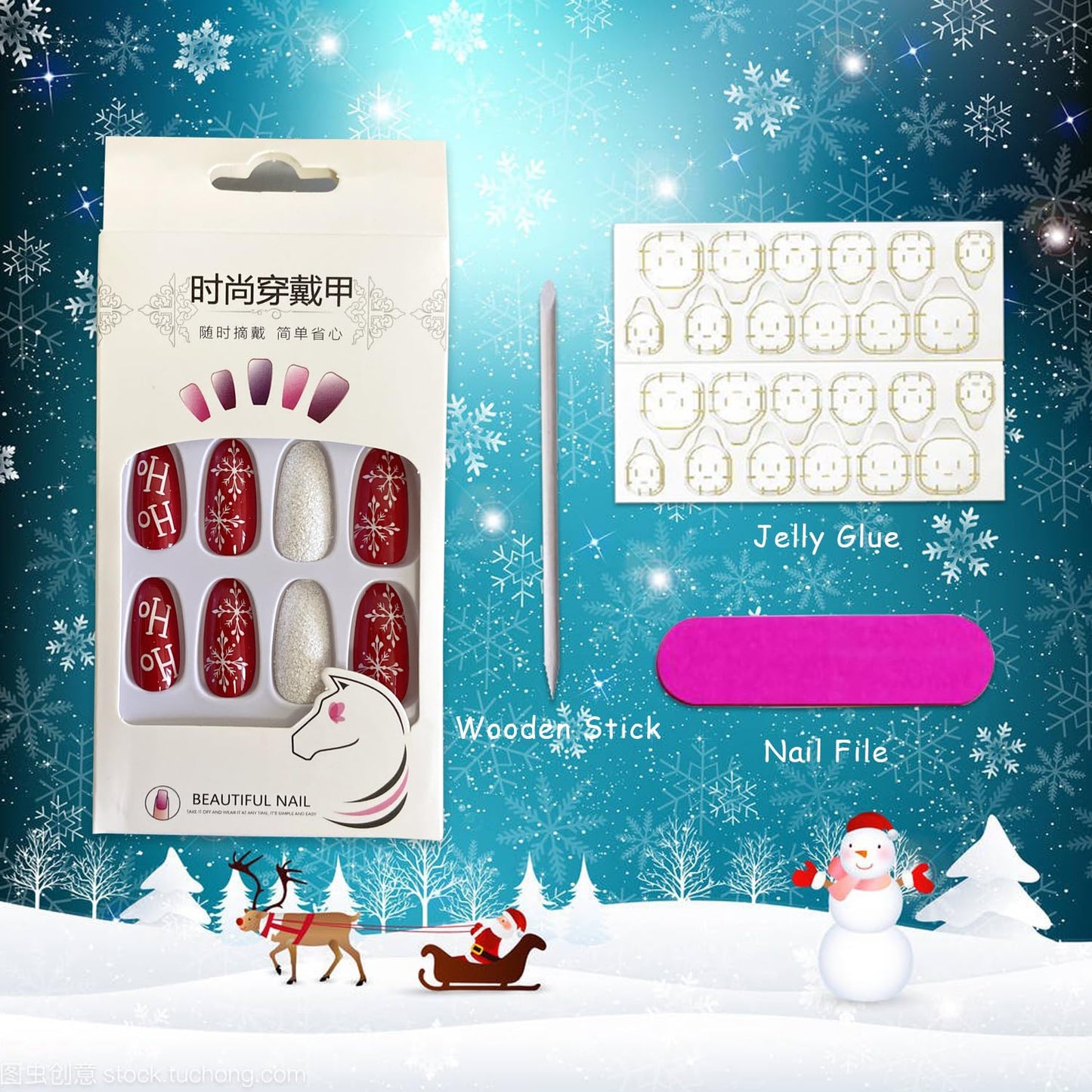 Festive Winter Wonderland Press-On Nails - Long Almond Shape with White Snowflakes & Red Accents - Reusable Acrylic Stick-On Nails for a Stunning Christmas Manicure!