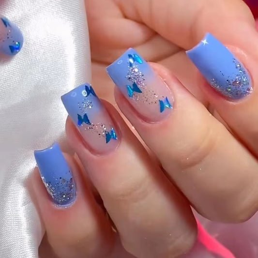 Stunning Butterfly Pattern Press-On Nails - Full Cover Square Tips for Effortless Manicure!