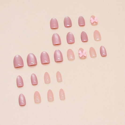 Glamorous Almond Press-On Nails - Medium Pink Glossy French Tips with Adorable Bow - 30 Pcs Set for Effortless Elegance