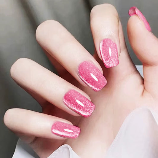 24Pcs Cat Eye Glitter Press-On Nails - Short Square Faux Ongles in Pink, Green, Purple, Yellow & Nude