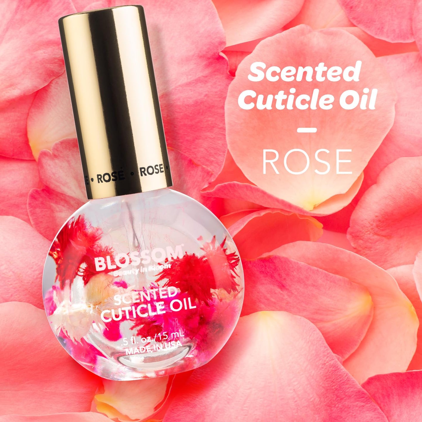 Hydrating Cuticle Oil for Nails with Scented Infusion of Real Flowers, 0.5 Fl. Oz, Made in USA, Rose Scent