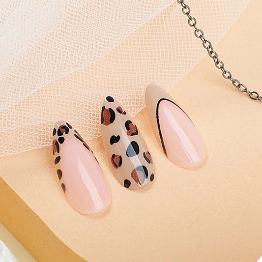 Glamorous Almond Press-On Nails - Medium Light Brown French Tip with Leopard Design - 24 Pcs Stiletto Fall Cheetah Acrylic Glossy Glue-Ons