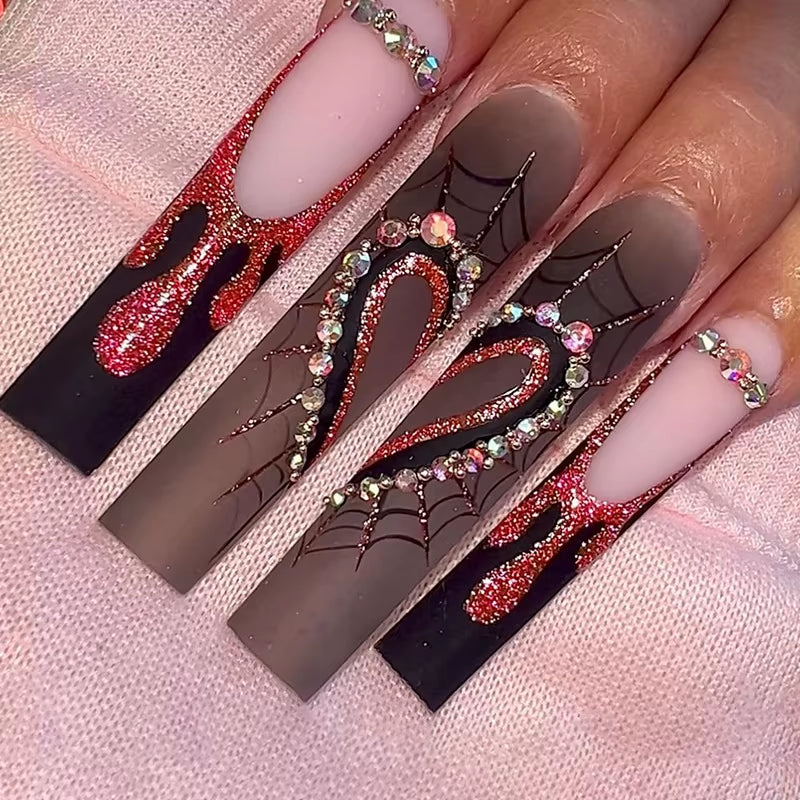 Glamorous 24Pcs Halloween Press-On Nails - Long Ballet Coffin Design with Pearls & French Square Style