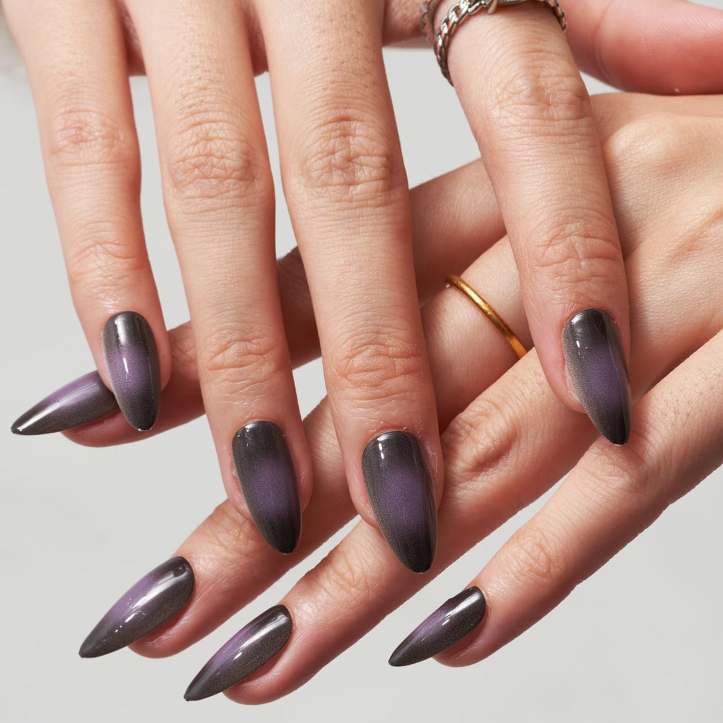 Stunning Black Pink Ombre Press-On Nails - Medium Almond, Purple Aurora Stiletto & Short Oval Tips - Reusable Acrylic Nail Kits for Glamorous Looks