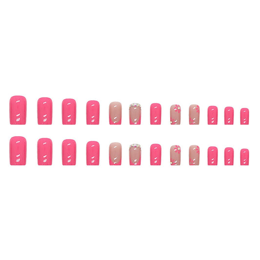 Glamorous Pink Flower Square Press-On Nails with Rhinestones - 24 Pcs Glossy Full Cover Stick-On Nails for Effortless Elegance