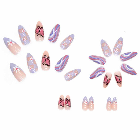 Gorgeous Butterfly Press-On Nails - Medium Almond Shape, 24 Pcs Pink Acrylic False Nails for Women and Girls