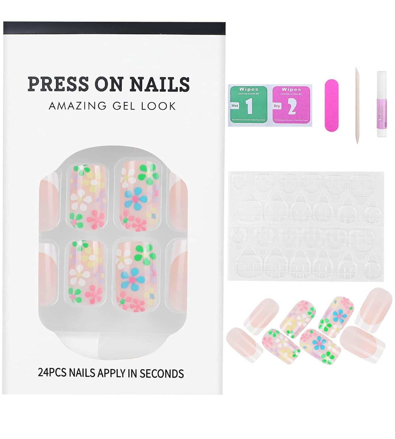 Stunning 24 Pcs Pink Flower French Acrylic Press-On Nails - Easy Glue-On for Effortless Elegance!