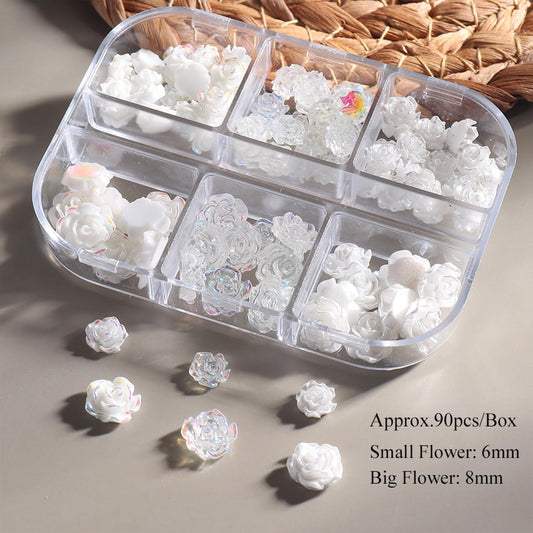 3D Floral Nail Charms - White & Aurora Clear Rose Designs for Stunning Acrylic Nails - DIY Manicure Decorations (6 Grids)