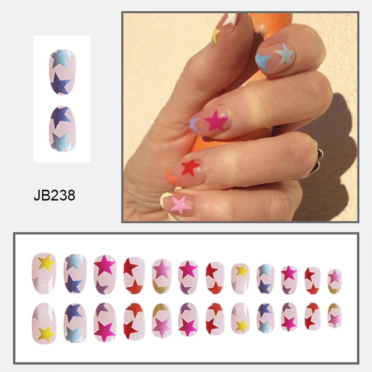 Vibrant Starry Press-On Nails - Short Oval Full Cover Acrylics with Reusable Five-Pointed Star Designs - 24 Pcs for Women & Girls