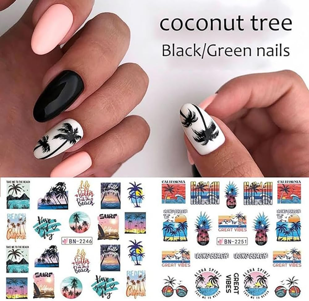 Tropical Paradise Nail Art Stickers - 12 Sheets of Beach, Coconut Tree & Ocean Designs for Stunning Summer Nails