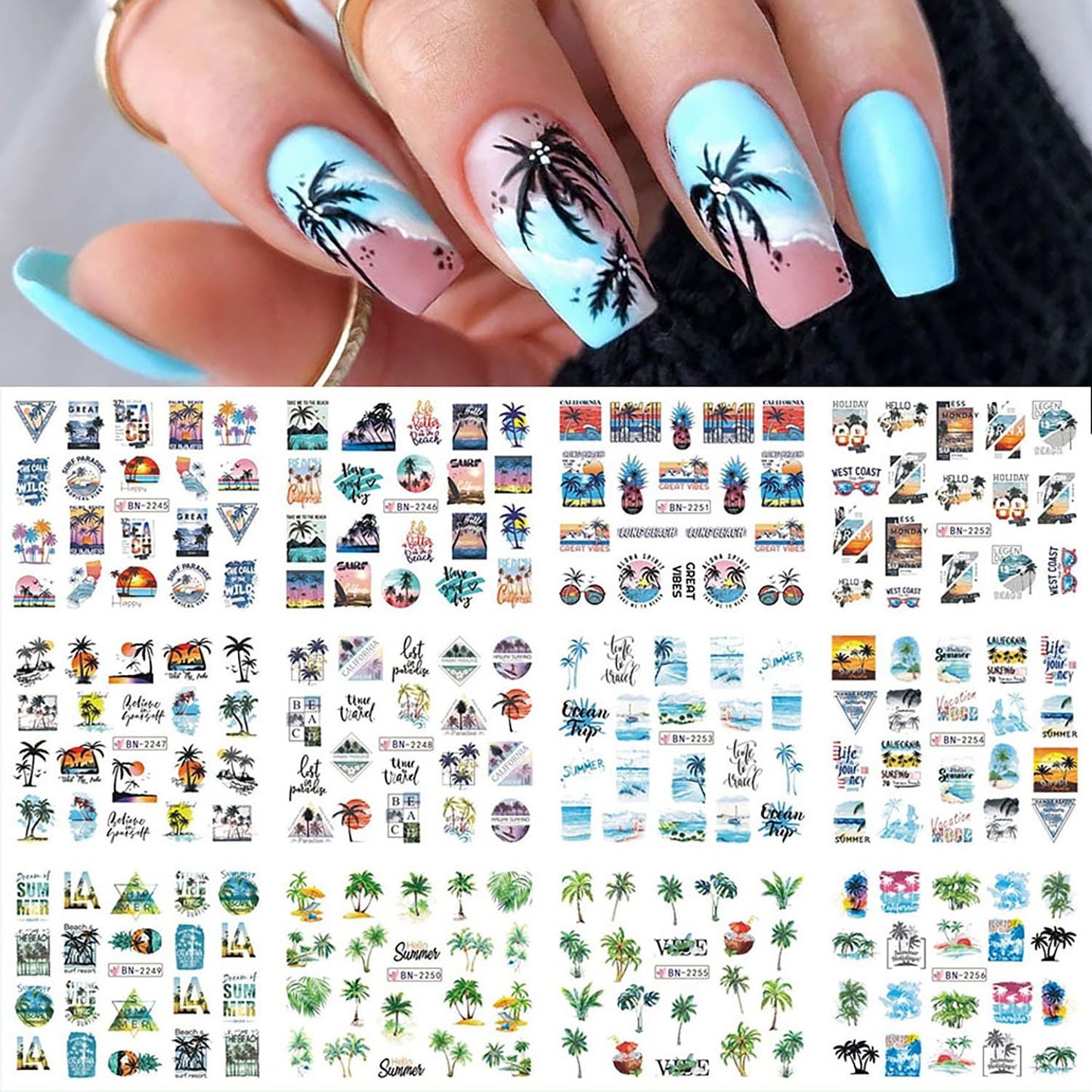 Tropical Paradise Nail Art Stickers - 12 Sheets of Beach, Coconut Tree & Ocean Designs for Stunning Summer Nails