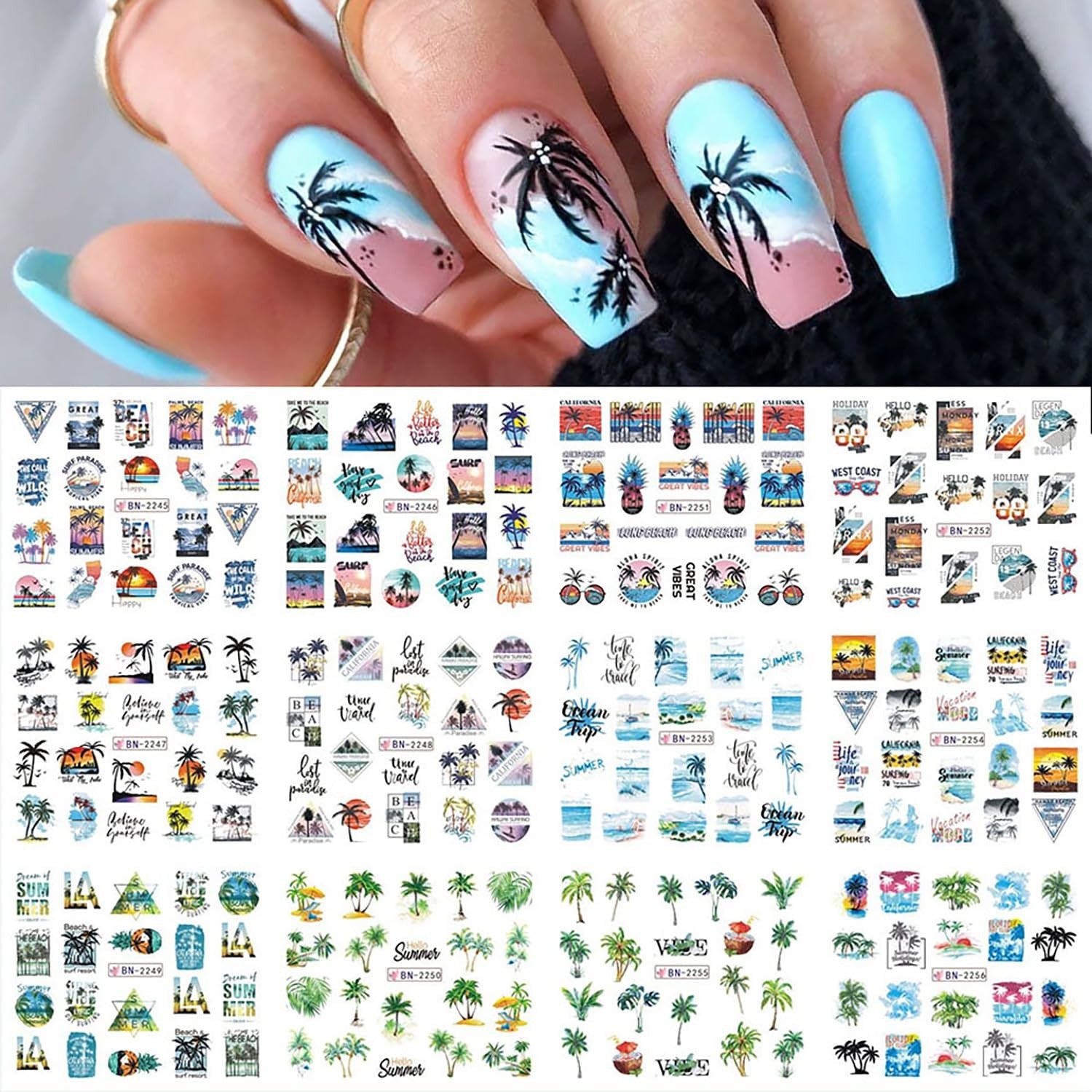 Tropical Paradise Nail Art Stickers - 12 Sheets of Beach, Coconut Tree & Ocean Designs for Stunning Summer Nails