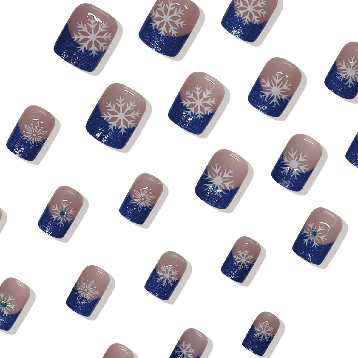 24Pcs Festive Blue Glitter Snowflake Press-On Nails - Short Square French Tips with Rhinestone Design for a Sparkling Christmas Look
