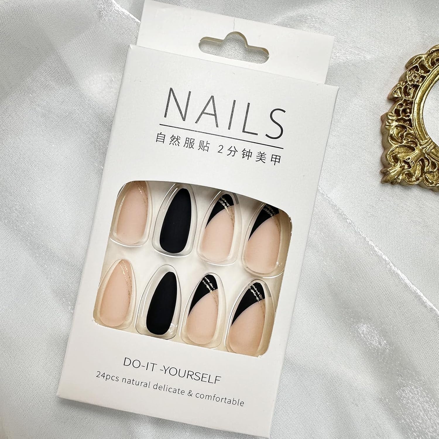 Stylish Matte Black Almond Press-On Nails with French Tip Design - 24 Pcs Halloween Acrylic Full Cover Stick-On Nails for Effortless Manicure