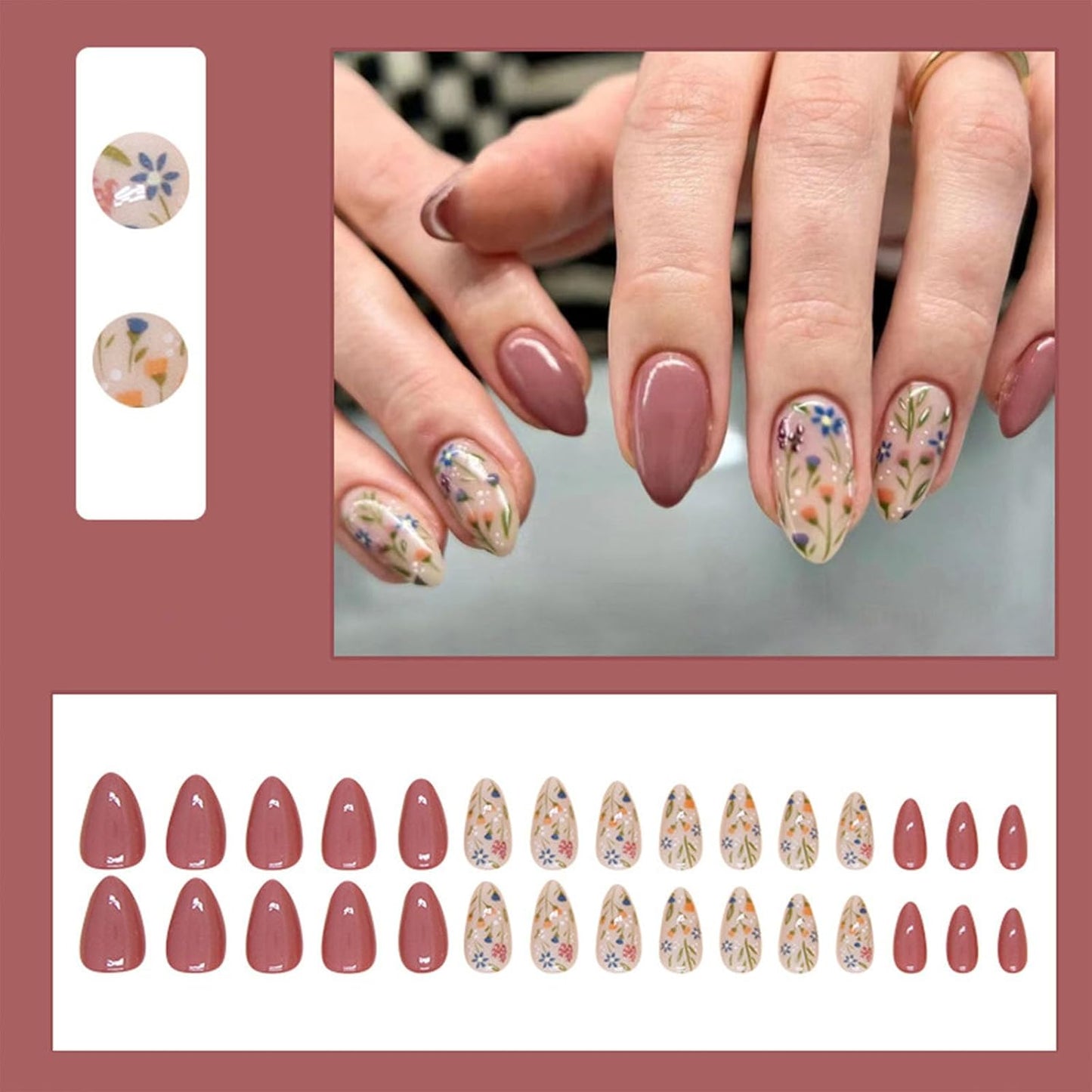 Autumn Floral Press-On Nails - Short Almond Shape, 30 Pcs Brown Full Cover Acrylic Stick-Ons for Women & Girls