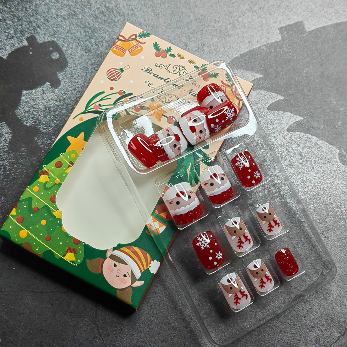 24Pcs Christmas Press on Nails Short Square Fake Nails Santa Claus Full Cover Glue on Nails with Cute Elk Snowflake Design Glossy Stick on Nail Red Coffin Acrylic False Nails for Women Christmas Decor