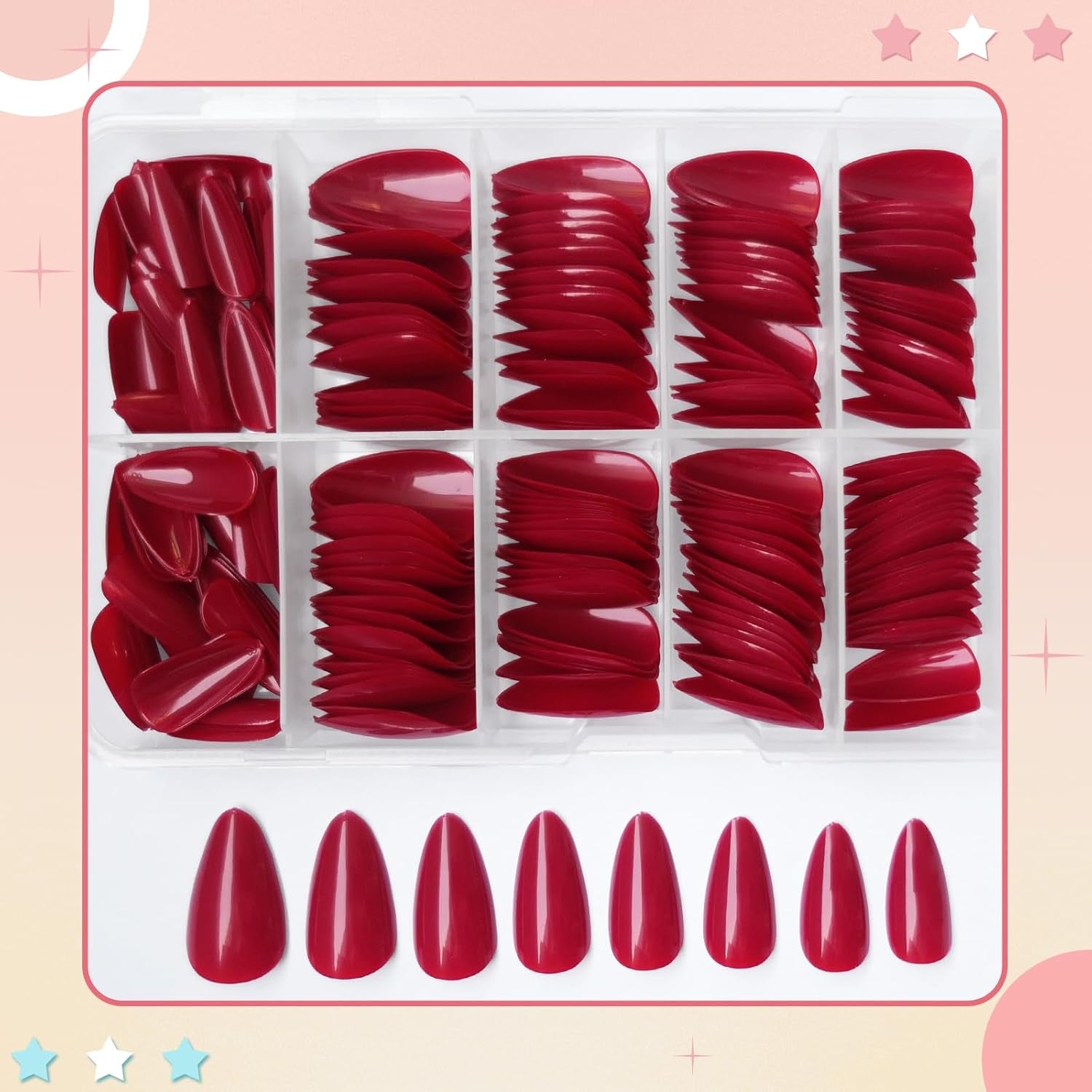240 Pcs Almond Red Press-On Nails - Full Cover Solid Color Acrylic Fake Nails with 5 Sheets Adhesive Tabs for Effortless Glam!