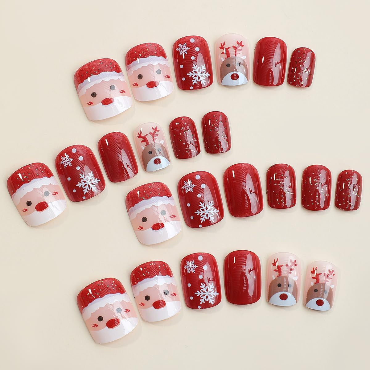 24Pcs Christmas Press on Nails Short Square Fake Nails Santa Claus Full Cover Glue on Nails with Cute Elk Snowflake Design Glossy Stick on Nail Red Coffin Acrylic False Nails for Women Christmas Decor