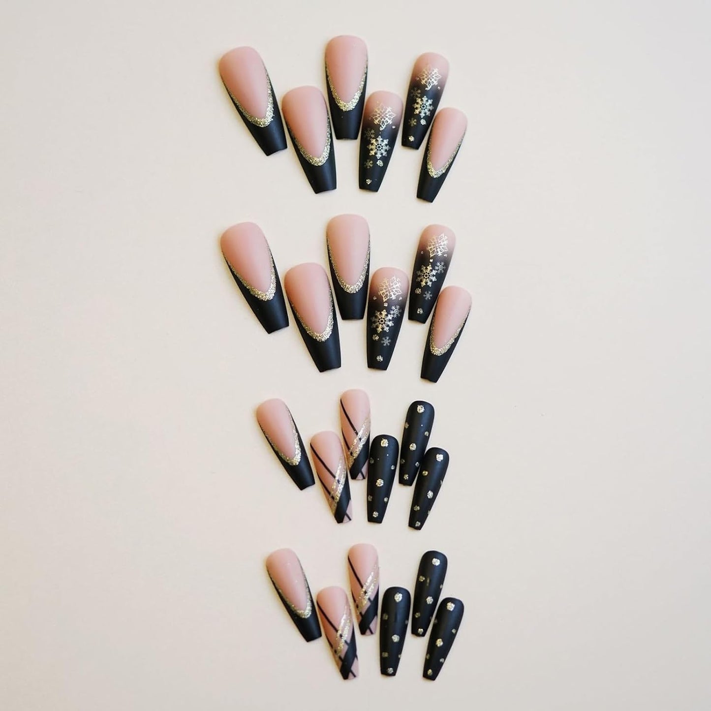 Glamorous Long Coffin Press-On Nails - 24 Pcs Black Gold & Snowflake Glitter Design