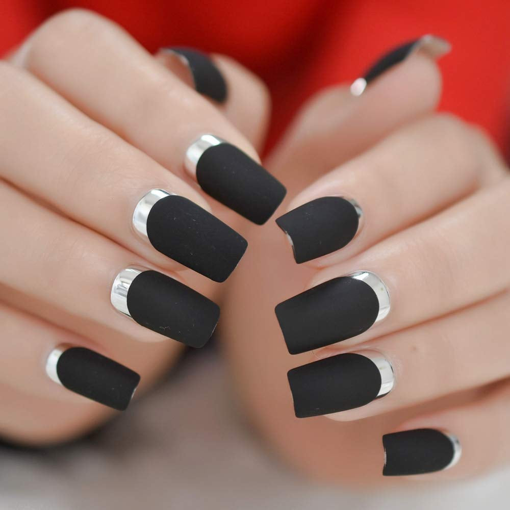 Chic Matte Black & Silver Metallic French Press On Nails - Medium Length Square Reusable Acrylic Manicure for Women & Girls (24 Pcs) Perfect for Daily Wear, Office, and Parties