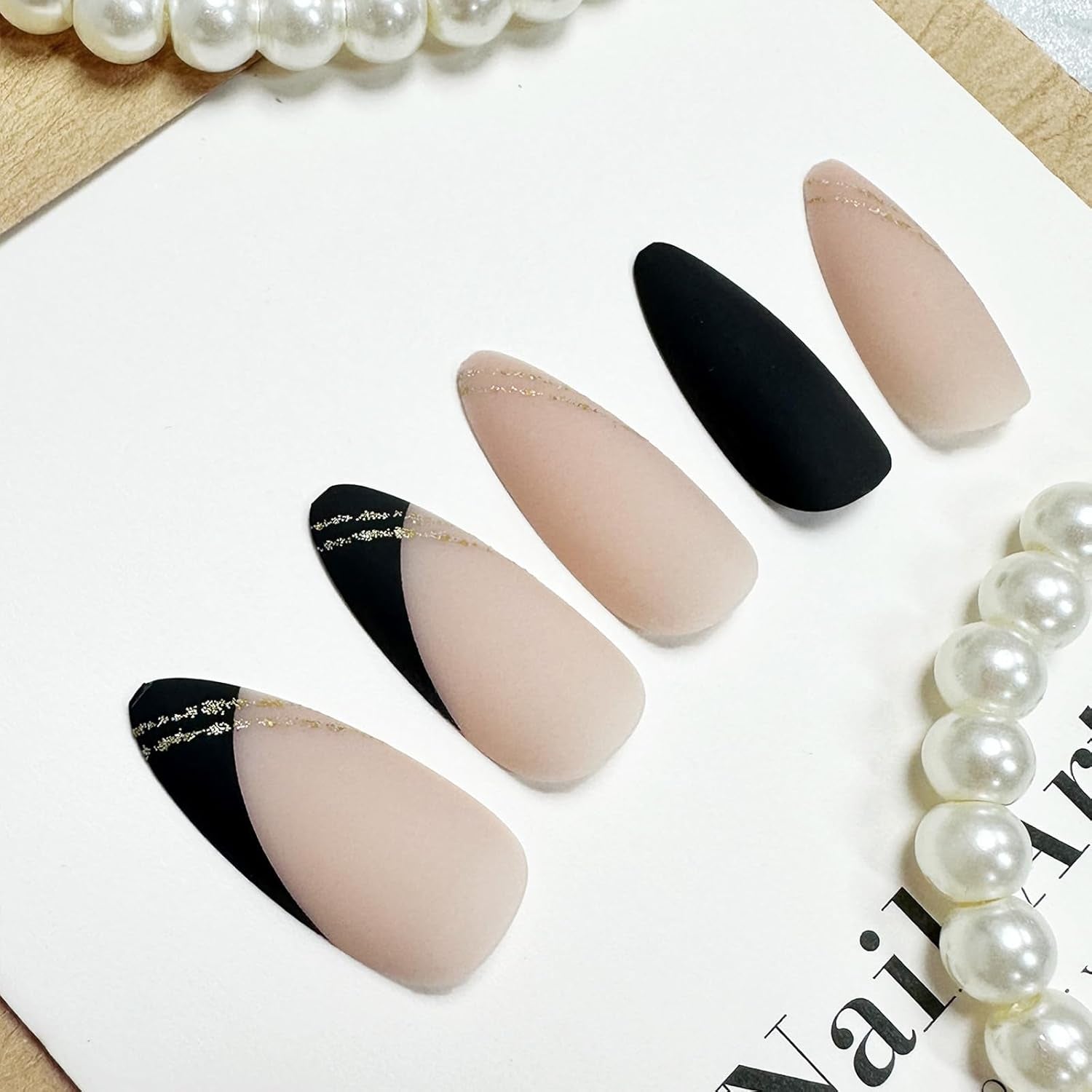 Stylish Matte Black Almond Press-On Nails with French Tip Design - 24 Pcs Halloween Acrylic Full Cover Stick-On Nails for Effortless Manicure