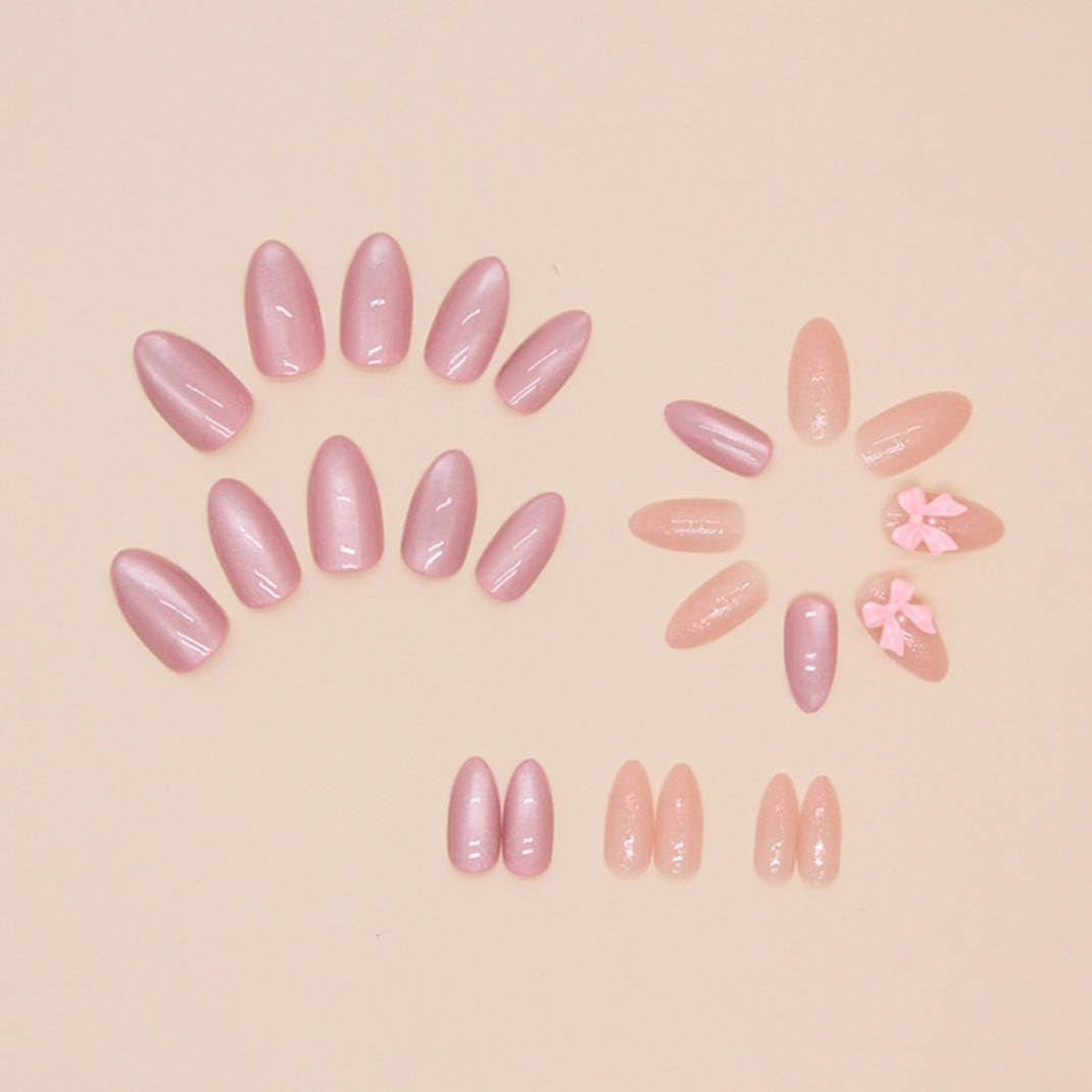 Glamorous Almond Press-On Nails - Medium Pink Glossy French Tips with Adorable Bow - 30 Pcs Set for Effortless Elegance
