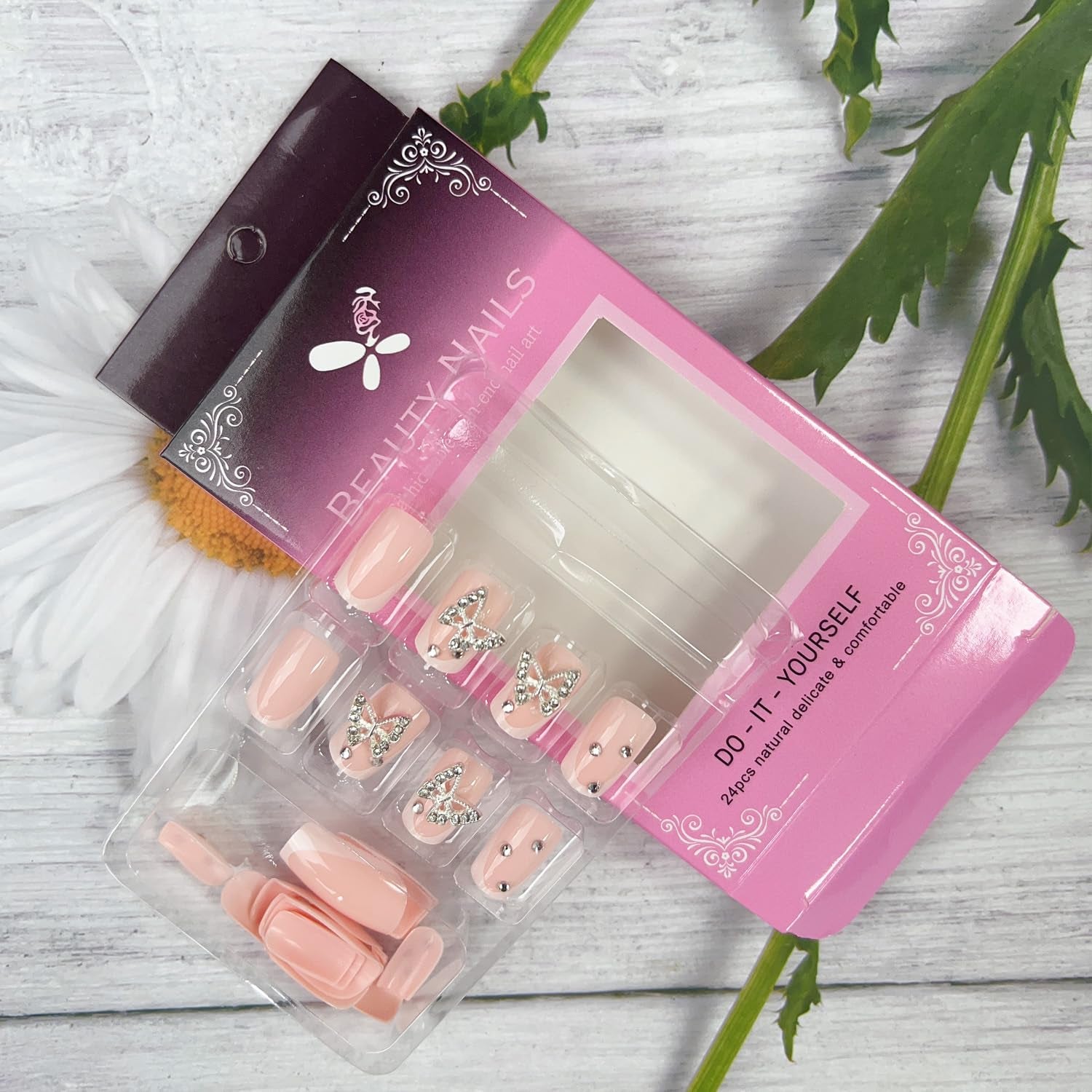 Charming Short Press-On Butterfly French Acrylic Nails - 24 Pcs Cute Square Stick-On Manicure for Women