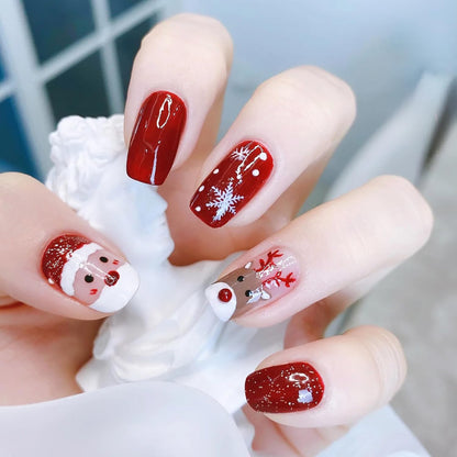 24Pcs Christmas Press on Nails Short Square Fake Nails Santa Claus Full Cover Glue on Nails with Cute Elk Snowflake Design Glossy Stick on Nail Red Coffin Acrylic False Nails for Women Christmas Decor
