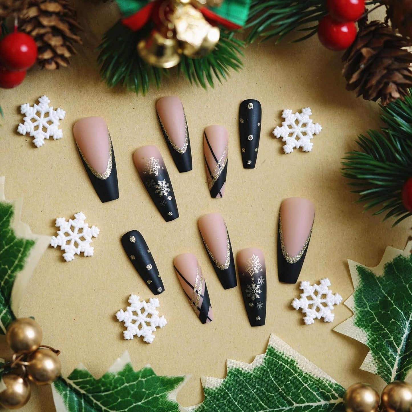 Glamorous Long Coffin Press-On Nails - 24 Pcs Black Gold & Snowflake Glitter Design