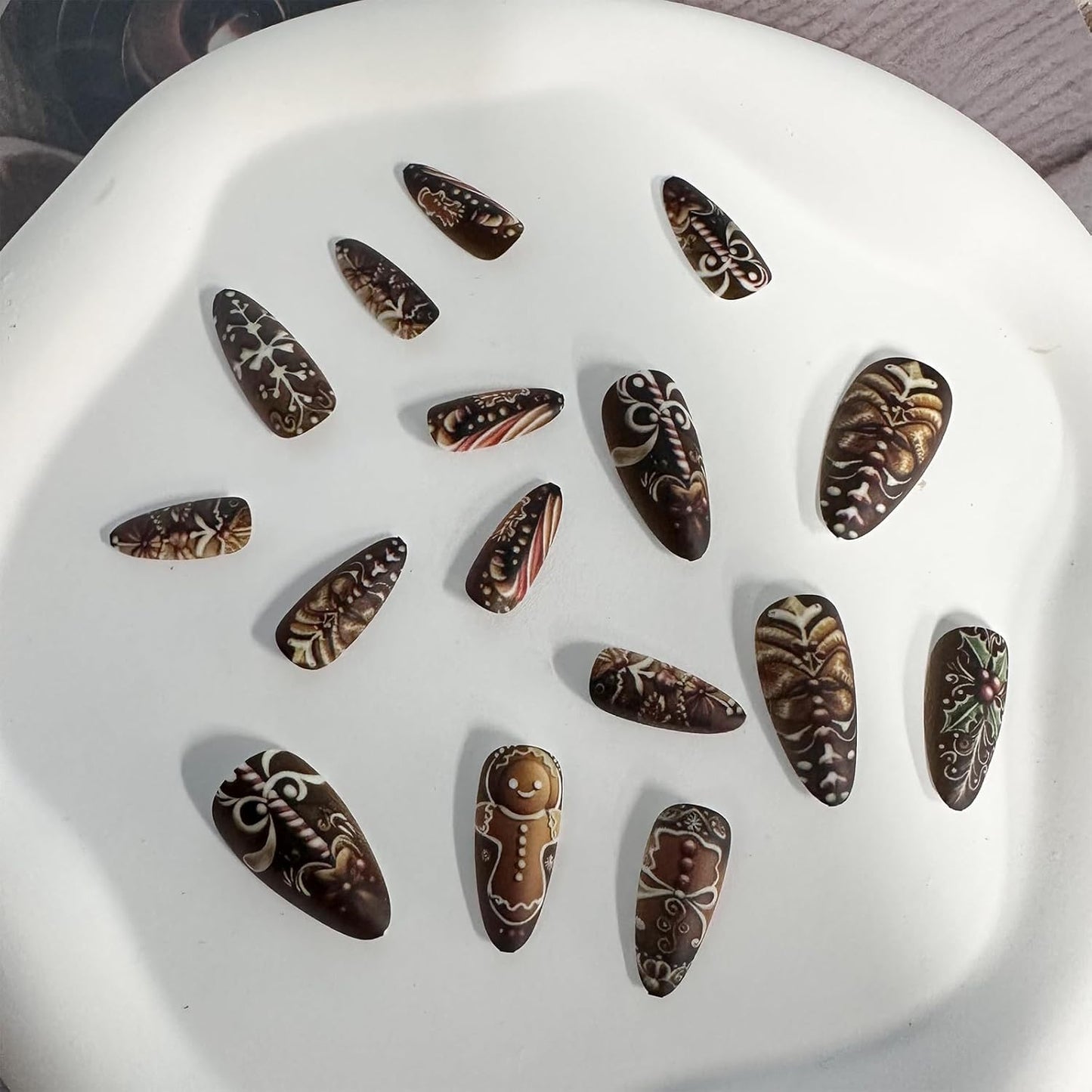 Festive Gingerbread Man Press-On Nails - Medium Almond Shape, Colorful Xmas Snowflake Designs, 24 Pcs Full Cover Acrylics for Women & Girls