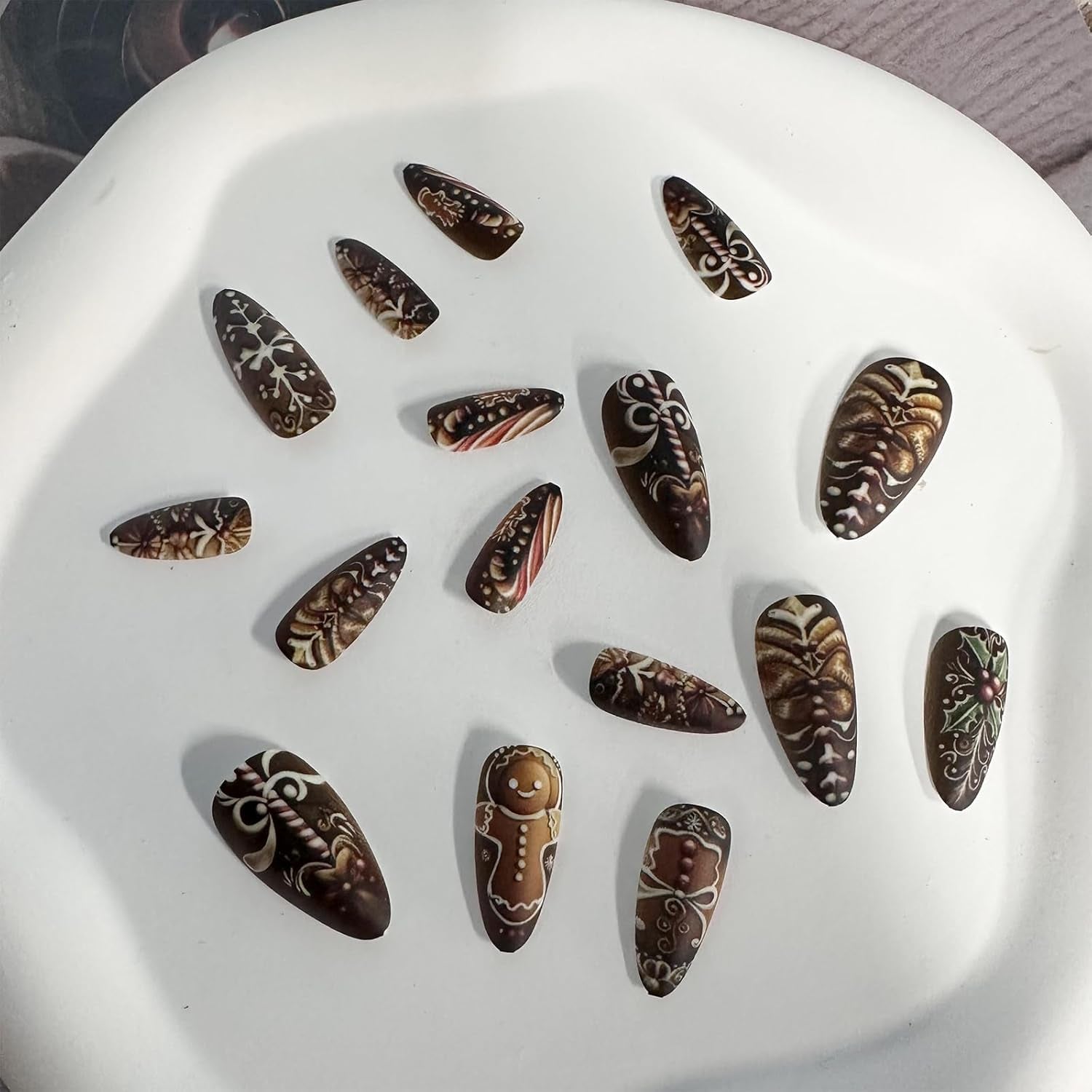 Festive Gingerbread Man Press-On Nails - Medium Almond Shape, Colorful Xmas Snowflake Designs, 24 Pcs Full Cover Acrylics for Women & Girls