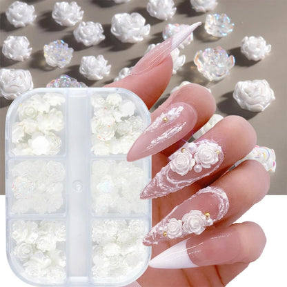 3D Floral Nail Charms - White & Aurora Clear Rose Designs for Stunning Acrylic Nails - DIY Manicure Decorations (6 Grids)