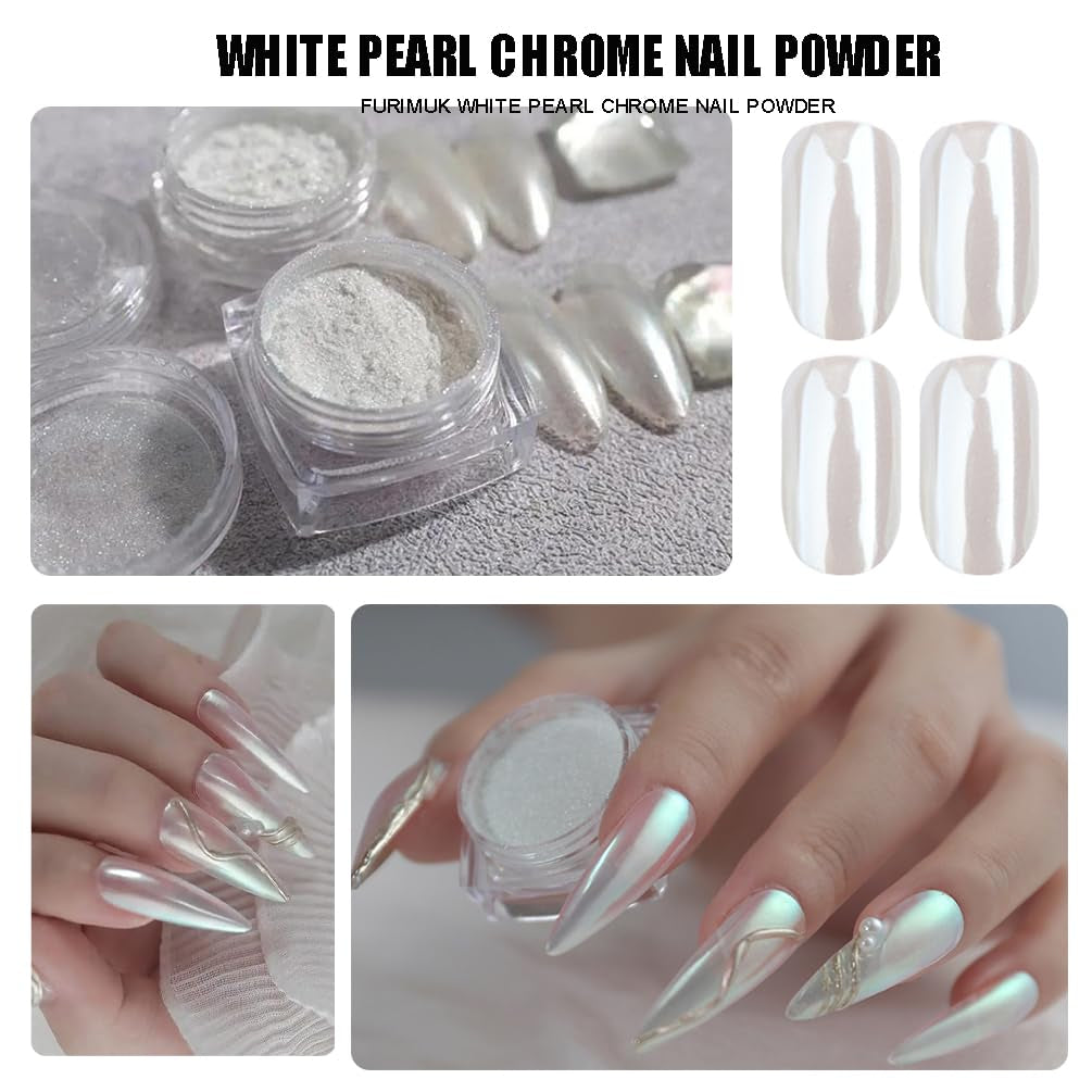 2 Boxes White Pearl Chrome Nail Powder - Mirror Effect Aurora Magic Pearlescent White Nail Powder Pigment, High Gloss Glitter Nail Art, Holographic Ice Aurora Dust for Manicure Decorations
