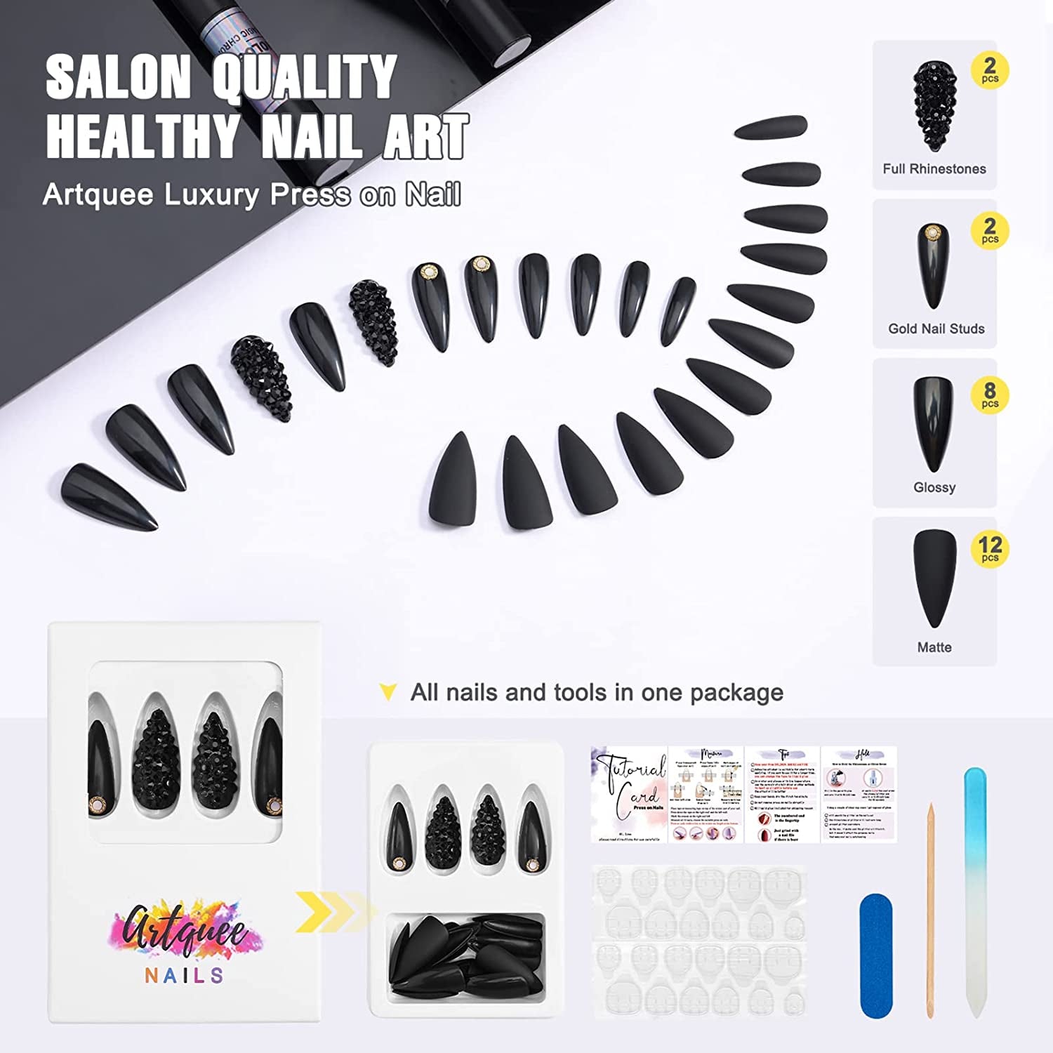 Glamorous 24Pcs Press-On Nails Set - Black Medium Long Almond Stiletto with Matte & Glossy Finish, Includes 3D Rhinestones & Gold Nail Studs for Stunning Manicures!