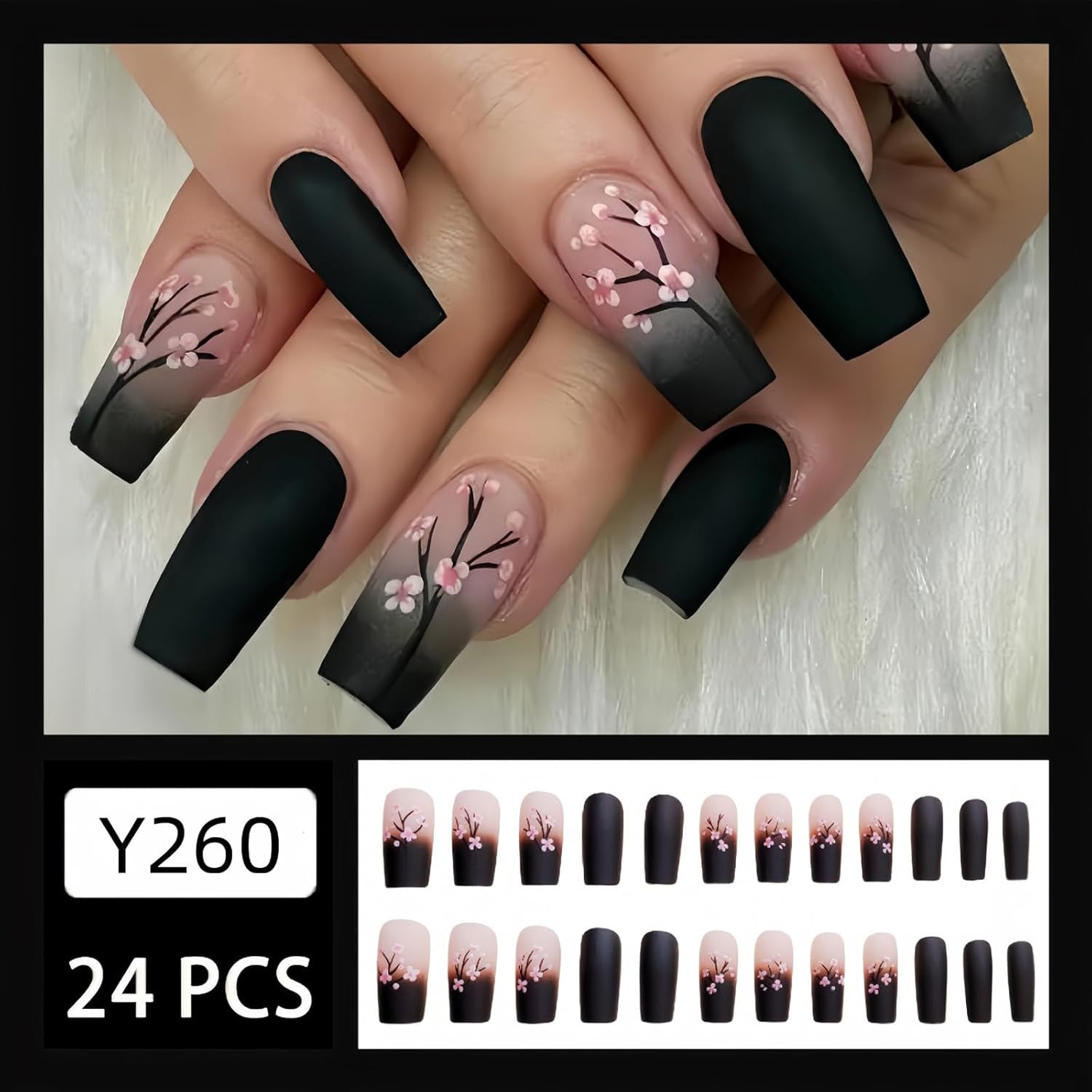 Gorgeous Medium Square Black Press-On Nails with Pink Flowers - 24 Pcs Glossy Full Cover Acrylic Stick-Ons for Women & Girls - Perfect Winter Nail Art!