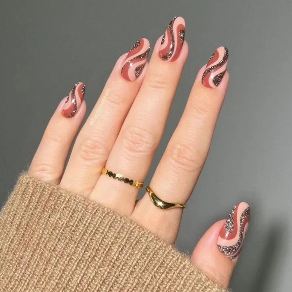 Glamorous Long Stiletto Press-On Nails with Black Edge, Gold Thread, and Rhinestones - Perfect for a Stunning Manicure!