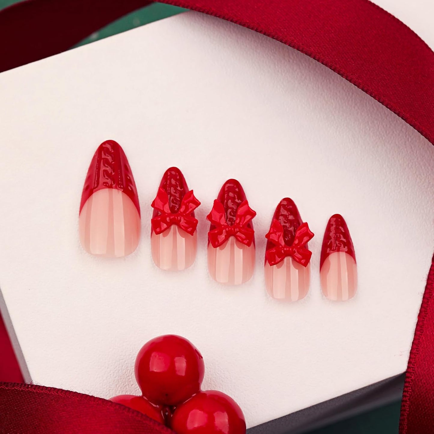 Glamorous Red French Tip Almond Press-On Nails with 3D Bow - 24 Pcs Glossy Full Cover Acrylics for New Year & Valentine's Day Gifts