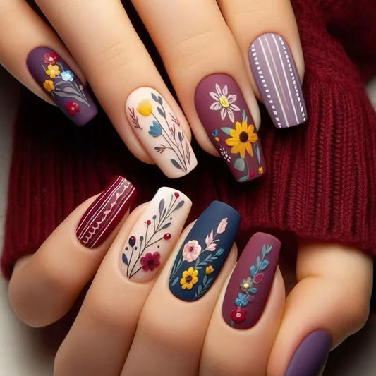 24Pcs Beautiful Floral Design Press-On Acrylic Nails - Fall & Winter Square Ballet Tips