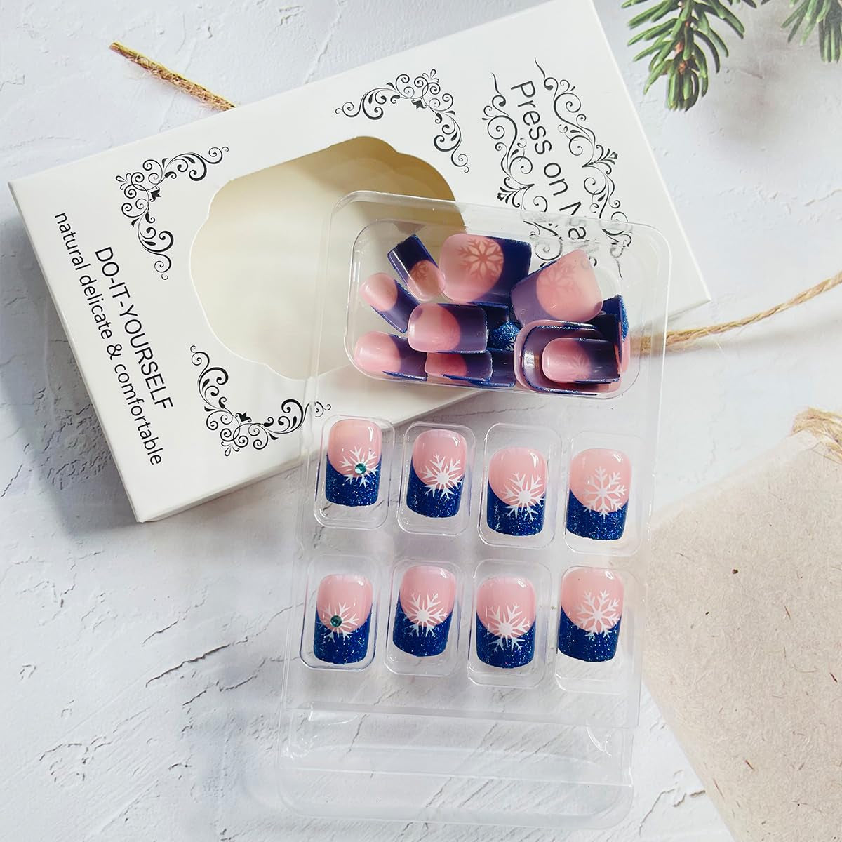 24Pcs Festive Blue Glitter Snowflake Press-On Nails - Short Square French Tips with Rhinestone Design for a Sparkling Christmas Look
