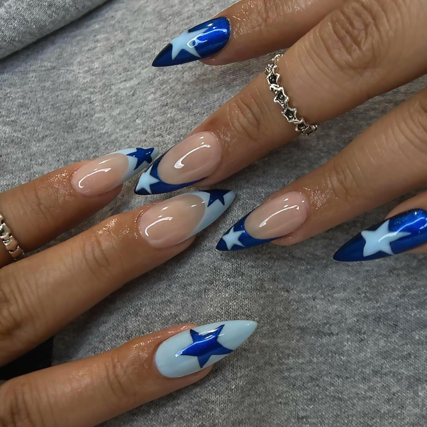 Stunning Blue French Tip Press-On Nails - Medium Almond Shape with Star Designs - 24 Reusable Acrylic Stick-On Nails for Effortless Glam!