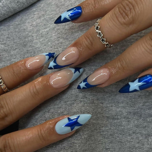 Stunning Blue French Tip Press-On Nails - Medium Almond Shape with Star Designs - 24 Reusable Acrylic Stick-On Nails for Effortless Glam!
