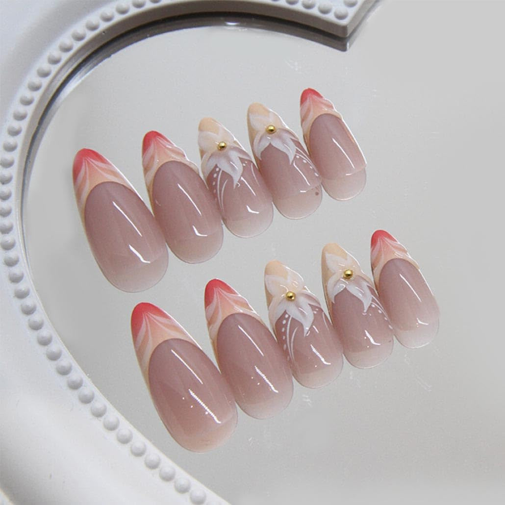 Gorgeous Almond French Tip Press-On Nails - 24Pcs Medium Acrylic with 3D Flower Design, Perfect Nude Finish!